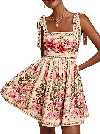 Women's Boho Dress Floral Tropical Vacation Dress Sleeveless Tie Shoulder Summer Flowy Mini Dress Sundress