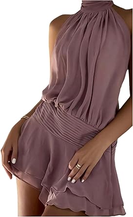 Women's Summer Mini Dress Sleeveless Halter Backless Ruched Date Night Layered A Line Dresses