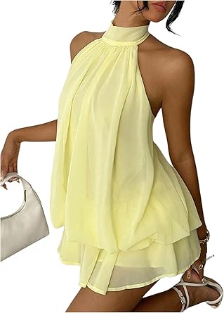 Women's Chiffon Halter Drop Waist Wedding Guest Dresses Ruffle Summer Mini Dress Brunch Outfits