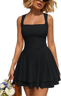 Women's Square Neck Summer Party Flowy Ruffle Hem Ruched Waist Mini Dress