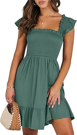 Women's Summer Casual Sleeveless Square Neck Dress 2026 Smocked Ruffle Backless Boho Beach Cute Teen Short Sundress