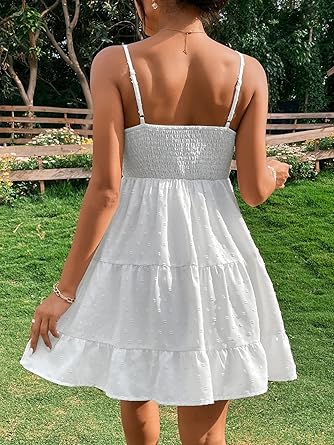 Women's Swiss Dots Sleeveless Ruched Bust Ruffle Hem Cami Short Dress