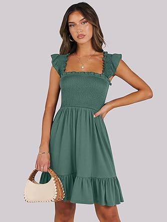 Women's Summer Casual Sleeveless Square Neck Dress 2026 Smocked Ruffle Backless Boho Beach Cute Teen Short Sundress