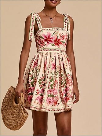 Women's Boho Dress Floral Tropical Vacation Dress Sleeveless Tie Shoulder Summer Flowy Mini Dress Sundress