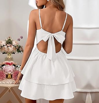 Womens Summer Spaghetti Strap Bow Tie Backless Tiered Layer Short Mini Dress Sexy Party Club Dresses