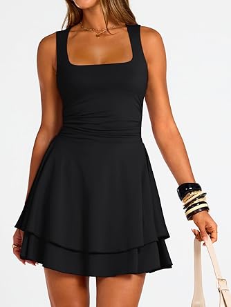 Women's Square Neck Summer Party Flowy Ruffle Hem Ruched Waist Mini Dress