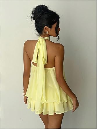 Women's Chiffon Halter Drop Waist Wedding Guest Dresses Ruffle Summer Mini Dress Brunch Outfits