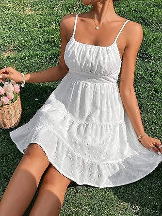 Women's Swiss Dots Sleeveless Ruched Bust Ruffle Hem Cami Short Dress