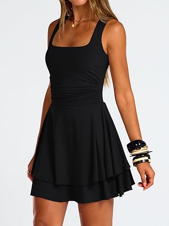 Women's Square Neck Summer Party Flowy Ruffle Hem Ruched Waist Mini Dress