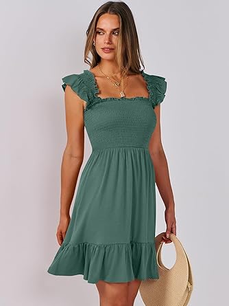 Women's Summer Casual Sleeveless Square Neck Dress 2026 Smocked Ruffle Backless Boho Beach Cute Teen Short Sundress