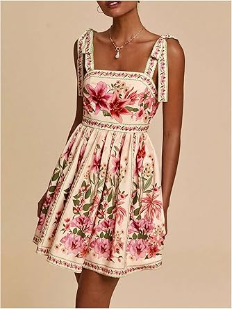 Women's Boho Dress Floral Tropical Vacation Dress Sleeveless Tie Shoulder Summer Flowy Mini Dress Sundress