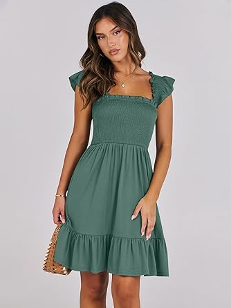 Women's Summer Casual Sleeveless Square Neck Dress 2026 Smocked Ruffle Backless Boho Beach Cute Teen Short Sundress