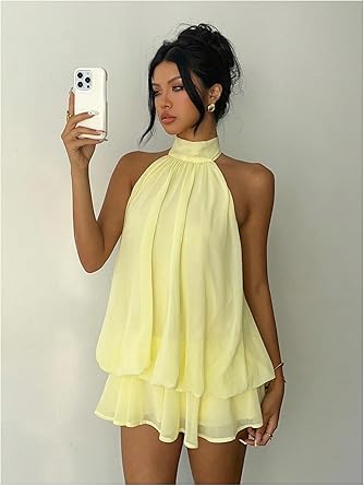 Women's Chiffon Halter Drop Waist Wedding Guest Dresses Ruffle Summer Mini Dress Brunch Outfits