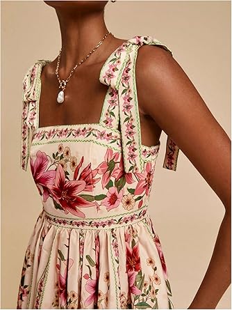 Women's Boho Dress Floral Tropical Vacation Dress Sleeveless Tie Shoulder Summer Flowy Mini Dress Sundress