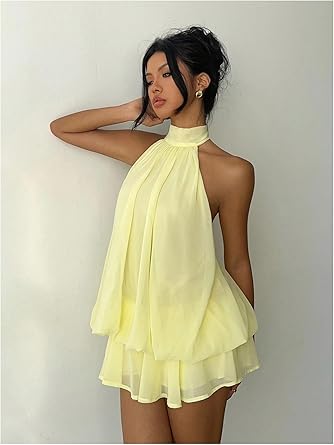 Women's Chiffon Halter Drop Waist Wedding Guest Dresses Ruffle Summer Mini Dress Brunch Outfits