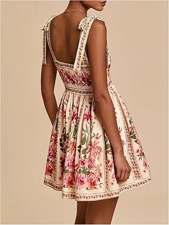 Women's Boho Dress Floral Tropical Vacation Dress Sleeveless Tie Shoulder Summer Flowy Mini Dress Sundress
