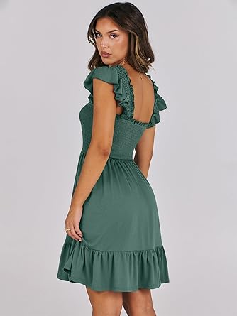 Women's Summer Casual Sleeveless Square Neck Dress 2026 Smocked Ruffle Backless Boho Beach Cute Teen Short Sundress