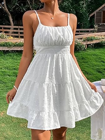 Women's Swiss Dots Sleeveless Ruched Bust Ruffle Hem Cami Short Dress