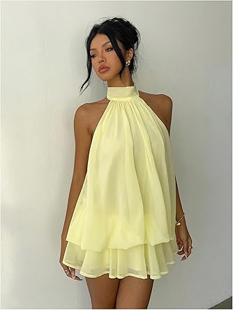 Women's Chiffon Halter Drop Waist Wedding Guest Dresses Ruffle Summer Mini Dress Brunch Outfits