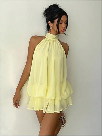 Women's Chiffon Halter Drop Waist Wedding Guest Dresses Ruffle Summer Mini Dress Brunch Outfits